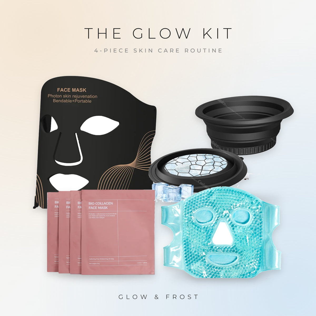 The Glow Kit: LED light therapy mask, bio-collagen masks, ice bath bowl and face ice mask